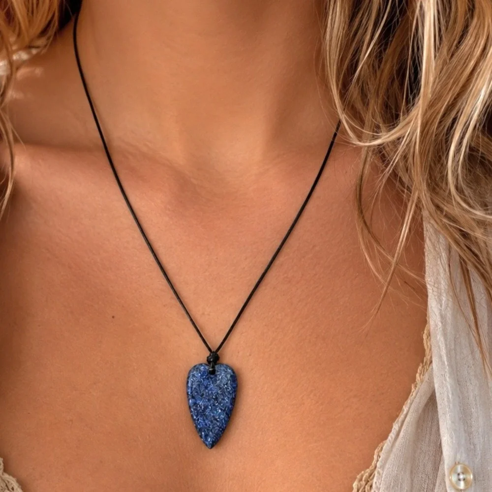 Blue Lapis Lazuli Natural Stone Heart Pendant Necklace Black 30
